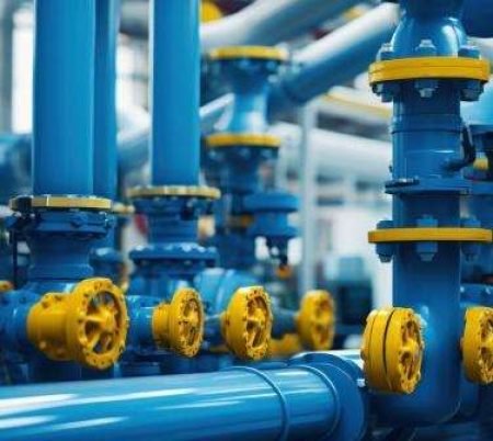 Industrial pipes and valves, complex systems.